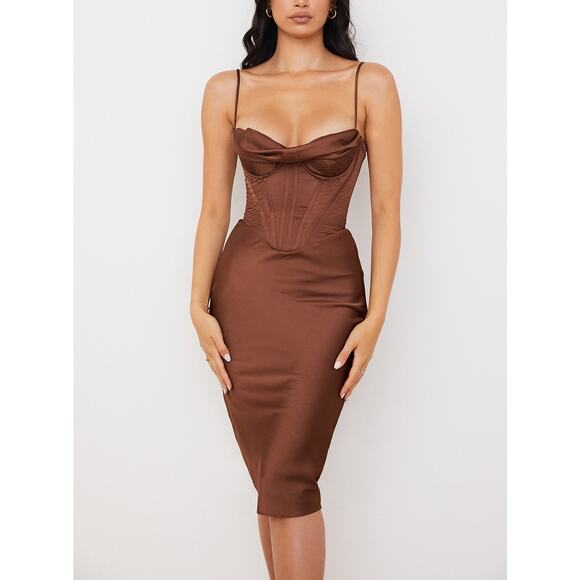 House of CB Myrna Chocolate Satin Corset Slip Midi Dress Size XS Extra Small - Picture 2 of 10
